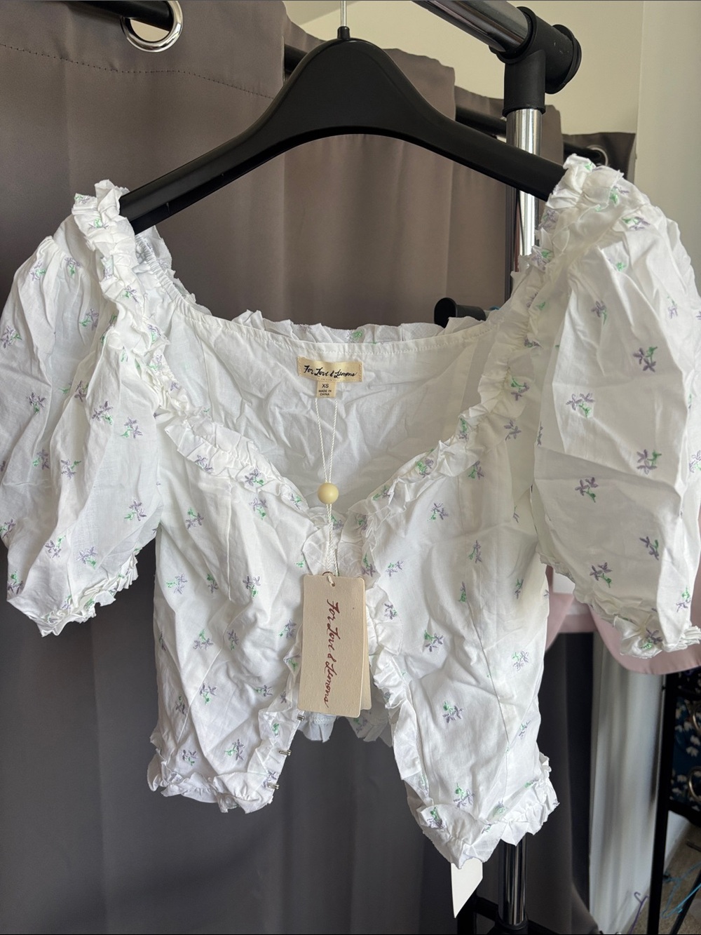 For Love And Lemons White Cropped Ruffle Peasant Top with Lavender Sprigs